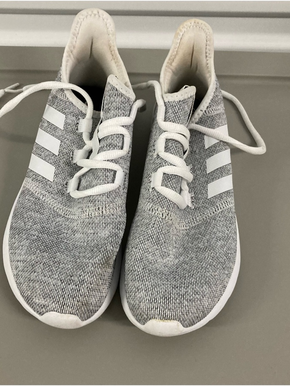 adidas Kids Gray Knit Sneakers with White Stripes